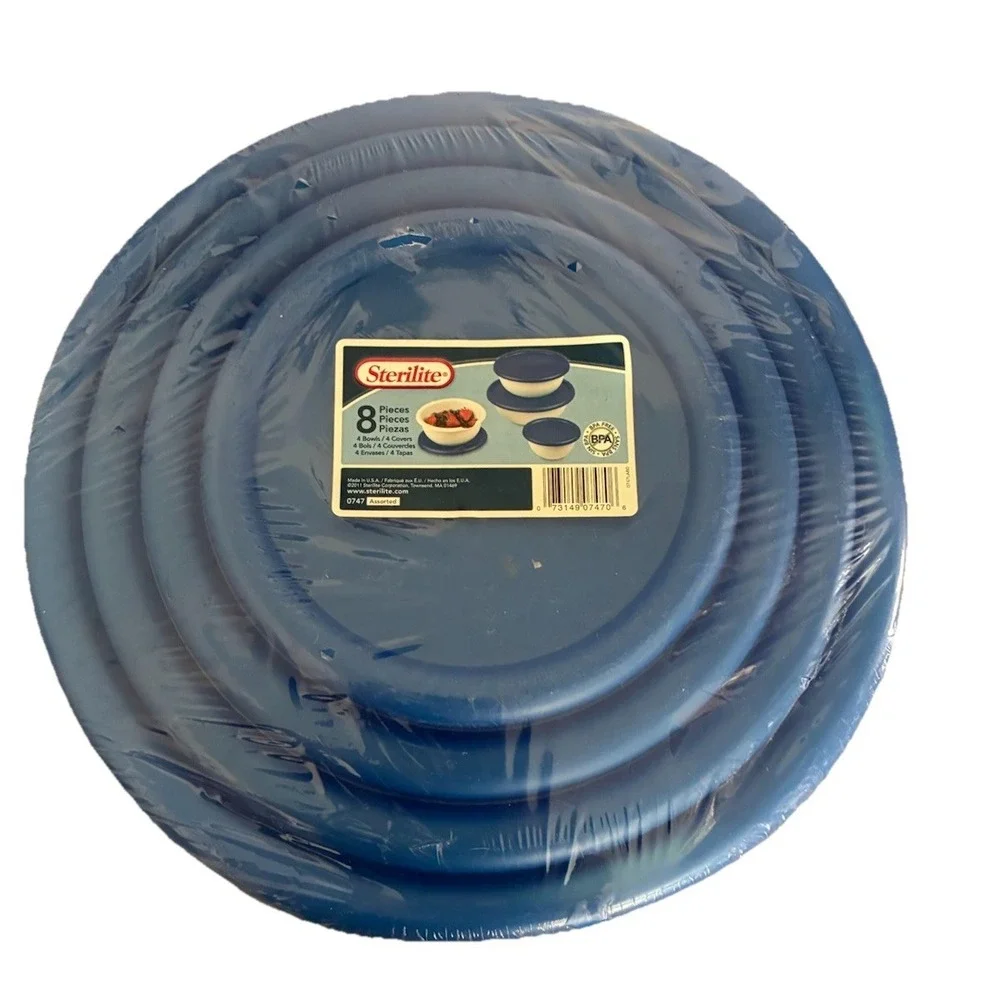 Sterilite 8 Piece Covered Bowl Set Multisize White Blue 4 Bowls Made In USA NEW